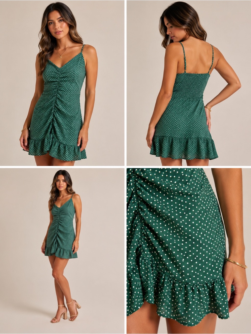 Urban Outfitters Green Polka Dot Ruched‎ Ruffle Mini Dress